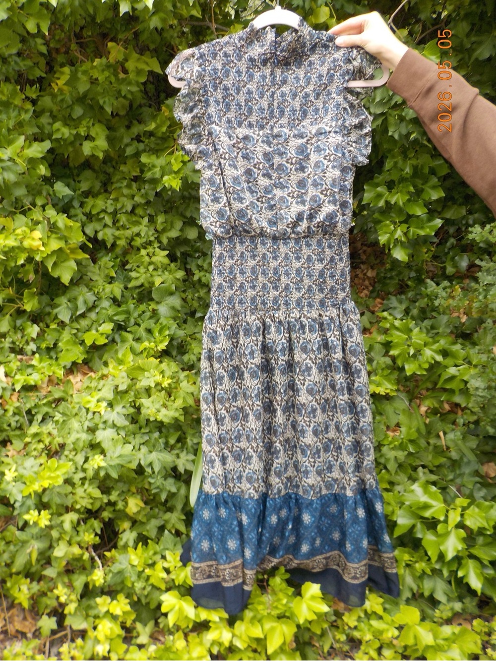 Boho Floral Blue Maxi Dress with Smocked Waist